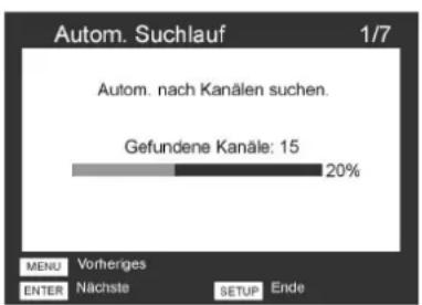 Autom. Suchlauf 1/7 Autom. nach Kanälen suchen. Gefundene Kanäle: 15 20% MENU Vorheriges ENTER Nächste SETUP Ende