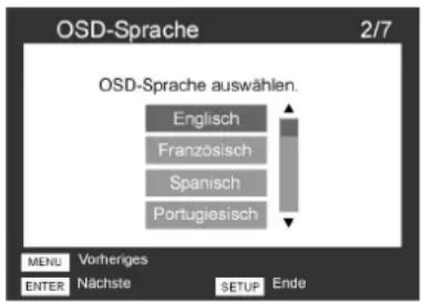 OSD-Sprache 2/7 OSD-Sprache auswählen. Englisch Französisch Spanisch Portugiesisch MENU Vorheriges ENTER Nächste SETUP Ende