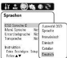 Sprachen OSO Sprache D Mendi Sprache Unterbelsprache Tonsprache Instruktion Entor-Beizulegen - Setup Folten ▲▼ Auswahl OSD Sprache Françôsisch Dänisch Catalan Deutsch