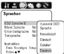 Sprachen OSD Sprache D Mendi Sprache Unterbilsprache Tonsprache Instruktion Folten ▲▼ Auswahl OSD Sprache Französisch Dänisch Catalan Deutsch