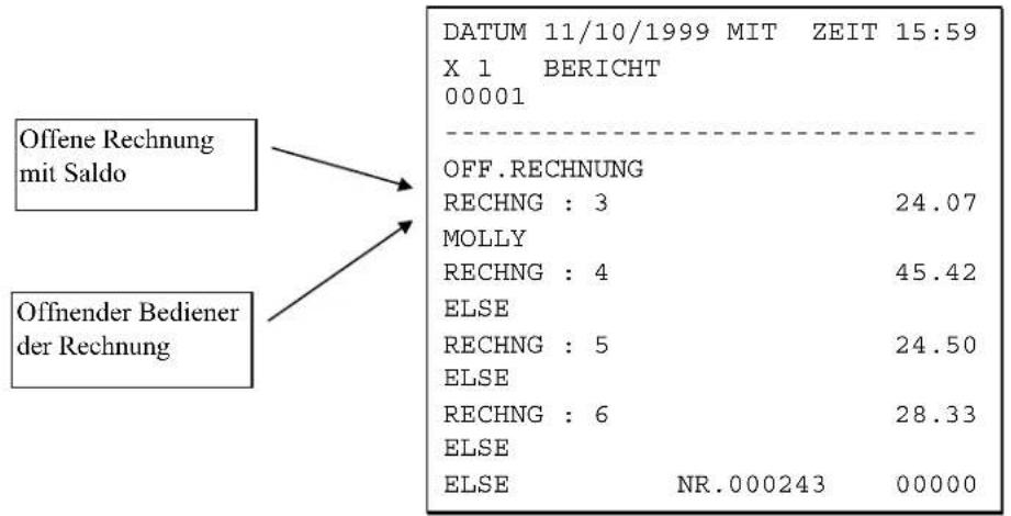 Offene Rechnung mit Saldo Offnender Bediener der Rechnung DATUM 11/10/1999 MIT ZEIT 15:59 X 1 BERICHT 00001 OFF.RECHNUNG RECHNG : 3 24.07 MOLLY RECHNG : 4 45.42 ELSE RECHNG : 5 24.50 ELSE RECHNG : 6 28.33 ELSE ELSE NR.000243 00000