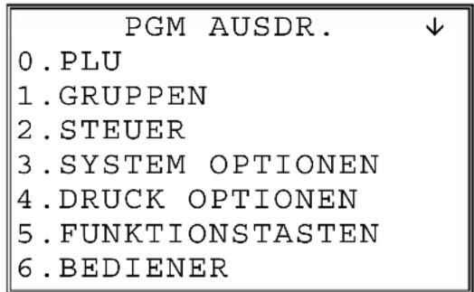PGM AUSDR. ↓ 0. PLU 1. GRUPPEN 2. STEUER 3. SYSTEM OPTIONEN 4. DRUCK OPTIONEN 5. FUNKTIONSTASTEN 6. BEDIENER