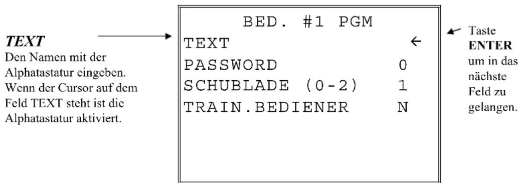TEXT Den Namen mit der Alphatastatur eingeben. Wenn der Cursor auf dem Feld TEXT steht ist die Alphatastatur aktiviert. BED. #1 PGM TEXT PASSWORD 0 SCHUBLADE (0-2) 1 TRAIN.BEDIENER N Taste ENTER um in das nächste Feld zu gelangen.
