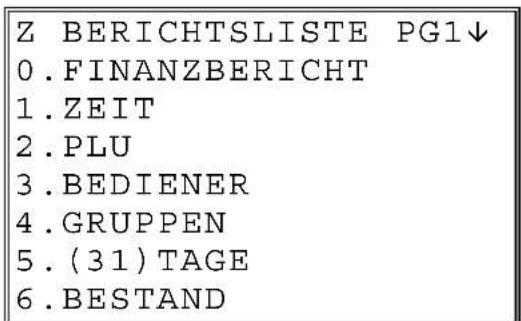Z BERICHTSLISTE PG1↓ 0 .FINANZBERICHT 1 .ZEIT 2 .PLU 3 .BEDIENER 4 .GRUPPEN 5 .(31) TAGE 6 .BESTAND