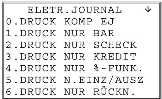 ELETR.JOURNAL ↓ 0.DRUCK KOMP EJ 1.DRUCK NUR BAR 2.DRUCK NUR SCHECK 3.DRUCK NUR KREDIT 4.DRUCK NUR %-FUNK. 5.DRUCK N.EINZ/AUSZ 6.DRUCK NUR RÜCKN.