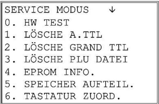 SERVICE MODUS ↓ 0. HW TEST 1. LÖSCHE A.TTL 2. LÖSCHE GRAND TTL 3. LÖSCHE PLU DATEI 4. EPROM INFO. 5. SPEICHER AUFTEIL. 6. TASTATUR ZUORD.