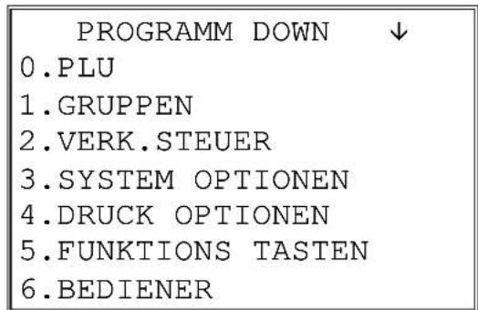 PROGRAMM DOWN ↓ 0. PLU 1. GRUPPEN 2. VERK.STEUER 3. SYSTEM OPTIONEN 4. DRUCK OPTIONEN 5. FUNKTIONS TASTEN 6. BEDIENER