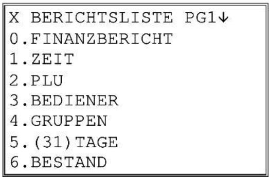 X BERICHTSLISTE PG1↓ 0.FINANZBERICHT 1.ZEIT 2.PLU 3.BEDIENER 4.GRUPPEN 5.(31)TAGE 6.BESTAND
