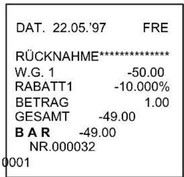 DAT. 22.05.'97 FRE RÜCKNAHME***** W.G. 1 -50.00 RABATT1 -10.000% BETRAG 1.00 GESAMT -49.00 B A R -49.00 NR.000032 0001