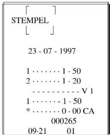 [ ] STEMPEL [ ] 23 - 07 - 1997 1 ······ 1 · 50 2 ······ 1 · 20 ---- V 1 1 ······ - 1 · 50 * ······ 0 · 00 CA 000265 09·21 01