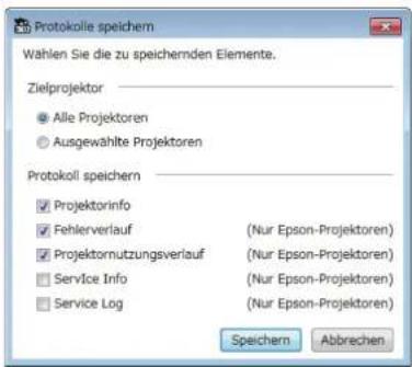 Protokolle speichern Wahlen Sie die zu speichernden Elemente. Zielprojektor Alle Projektoren Ausgewählte Projektoren Protokoll speichern Projektorinfo Fehlerverlauf (Nur Epson-Projektoren) Projektornutzungsverlauf (Nur Epson-Projektoren) Service Info (Nur Epson-Projektoren) Service Log (Nur Epson-Projektoren) Speichern Abbrechen