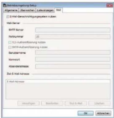 Betriebsichtigung Setup Abgänge Überrechen Lote anlagen Mail E-Mail-Berechnichtigungsystem nutzen Mail-Server SMTP Server Portnummer 25 TLS-Authenförsung nutzen SMTP-Authenförsung nutzen Betutservname Kenwort Abendersadresse Ziel E-Mail Address E-Mail Address Abpassigen Bestseller Test E-Mail Userpage OK Applycheck