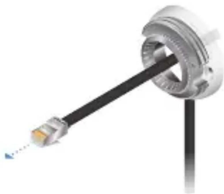 Mechanical component with a black cable inserted into a circular housing, showing internal structure and shaft (no text or symbols visible)
