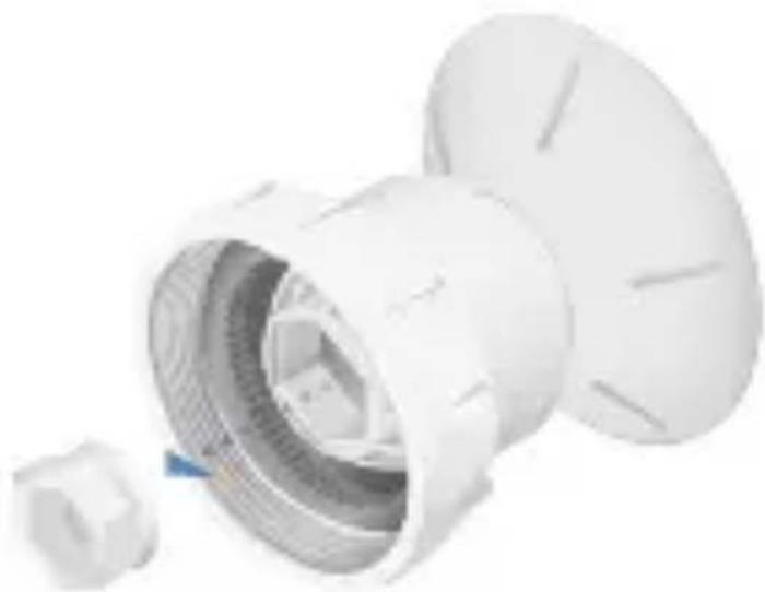 Close-up of a white plastic showerhead with internal mesh and a small inset showing a blue object (no text or symbols visible)
