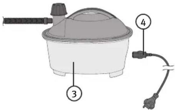 Diagram of a portable air purifier with labeled parts including a base, vent, and plug