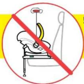Safety warning sign showing a car seat with a yellow circle and red prohibition symbol