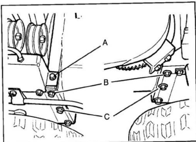 Technical diagram of a mechanical assembly with labeled parts A, B, and C
