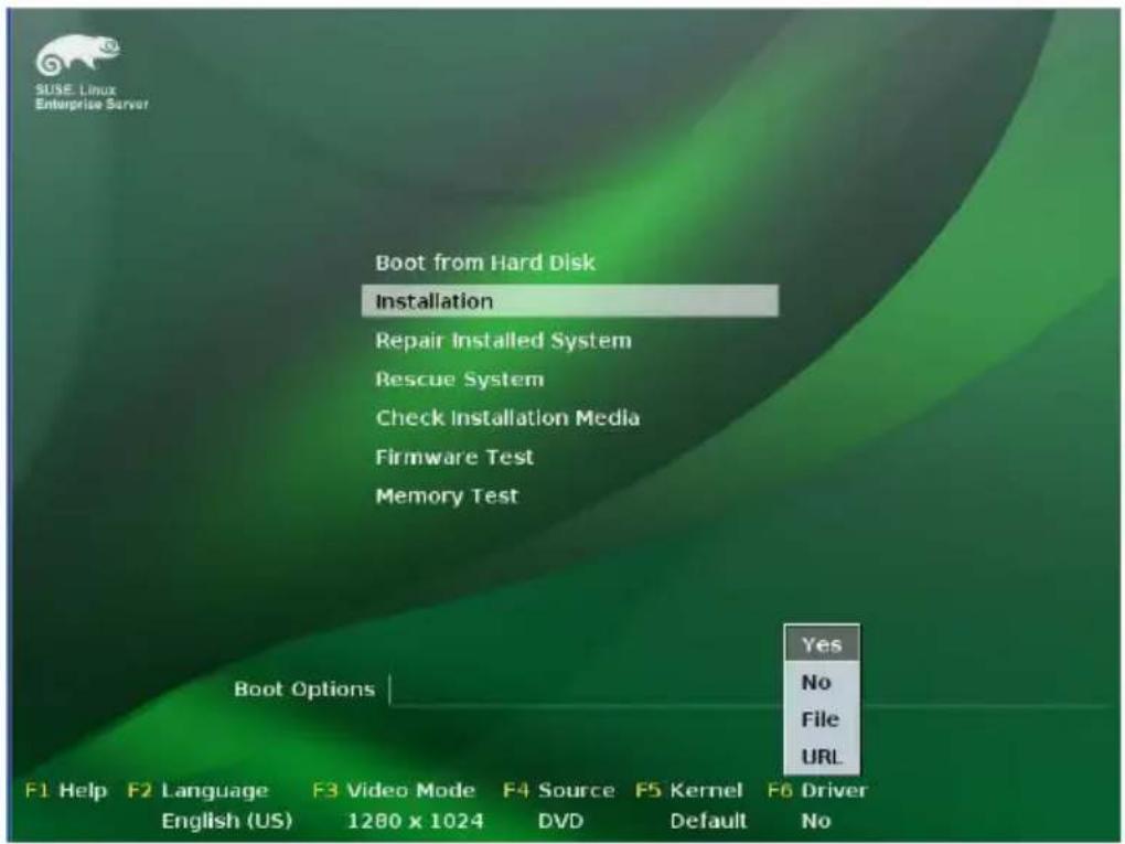 SUSE Linux Enterprise Server Boot from Hard Disk Installation Repair Installed System Rescue System Check Installation Media Firmware Test Memory Test Boot Options Yes No File URL F1 Help F2 Language F3 Video Mode F4 Source F5 Kernel F6 Driver English (US) 1280 x 1024 DVD Default No