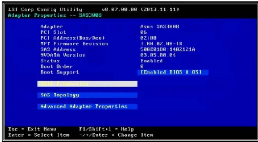 LSI Corp Config Utility v8.07.00.00 (2013.11.11) Adapter Properties -- SAS300B Adapter Asus SAS300B PCI Slot 06 PCI Address(Bus/Dev) 02:00 MPT Firmware Revision 3.00.02.00-IR SAS Address 500E0100:1402121A NVIDIA Version 03.05.00.04 Status Enabled Boot Order 0 Boot Support [Enabled BIOS & OS] Init Functionals SAS Topology Advanced Adapter Properties Esc = Exit Menu F1/Shift+1 = Help Enter = Select Item -/+Enter = Change Item