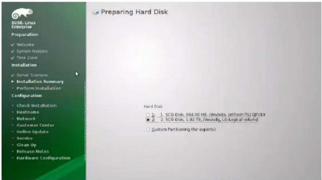 SUSE: Linux Enterprise Preparation ✓ Welcome ✓ System Analysis ✓ Time Zone Installation ✓ Server Scenario ► Installation Summary • Perform Installation Configuration • Check Installation • Hostname • Network • Customer Center • Online Update • Service • Clean Up • Release Notes • Hardware Configuration Preparing Hard Disk Hard Disk ○ 1: 1. SCSI Disk, 984.00 MB, /devisda, JetRash-TSI GJFV10 ● 2: 2. SCSI Disk, 1.82 TB, /devisdg, LSI Logical Volume ○ Custom Partitioning (for experts)
