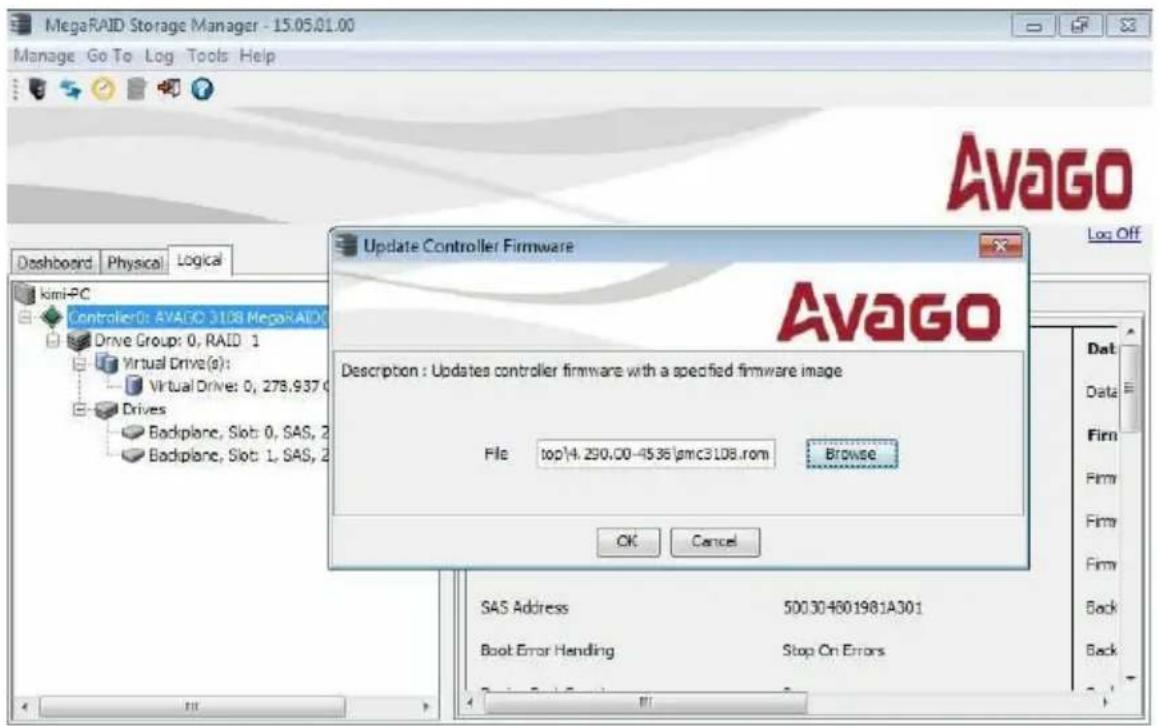 MegaRAID Storage Manager - 15.05.01.00 Manage Go To Log Tools Help Dashboard Physical Logical Avago Update Controller Firmware Avago Description : Updates controller firmware with a specified firmware image File : top\4.290.00-4536\pmc3108.com Browse OK Cancel SAS Address 50030-601981A301 Boot Error Hending Stop On Errors Back Back