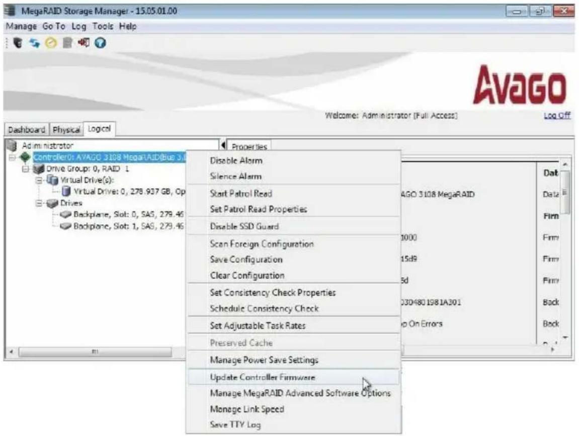 MegaRAID Storage Manager - 15.05.01.00 Manage Go To Log Tools Help Dashboard Physical Logical Welcome: Administrator [Full Access] Log Off Administrator Properties Controller: AVAGO 3108 MegaRAID(bus 3.0) Drive Group: 0, RAID 1 Virtual Drive(s): Virtual Drive: 0, 278.937 GB, Op Drives Backplane, Slot: 0, SAS, 279.46 Backplane, Slot: 1, SAS, 279.46 Disable Alarm Silence Alarm Start Patrol Read Set Patrol Read Properties Disable SSD Guard Scan Foreign Configuration Save Configuration Clear Configuration Set Consistency Check Properties Schedule Consistency Check Set Adjustable Task Rates Preserved Cache Manage Power Save Settings Update Controller Firmware Manage MegaRAID Advanced Software Options Manage Link Speed Save TTY Log AGO 3108 MegaRAID 1000 15d9 5d 03D4801981A301 Up On Errors Dat Data Firm Firm Firm Back Back P