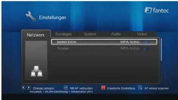 Einstellungen Netzwerk Sonstiges System Audio Video belklin300m WFA-Schlu Bowlan WFA-Schlu Change category Mit AP verbunden Envierte Einstellung AP einaut cammen Netzwerk - Ys.AN Einrichtung > Infrastruktur (AP)