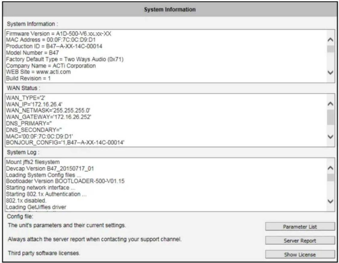 ACTi E13A - System Info - 1