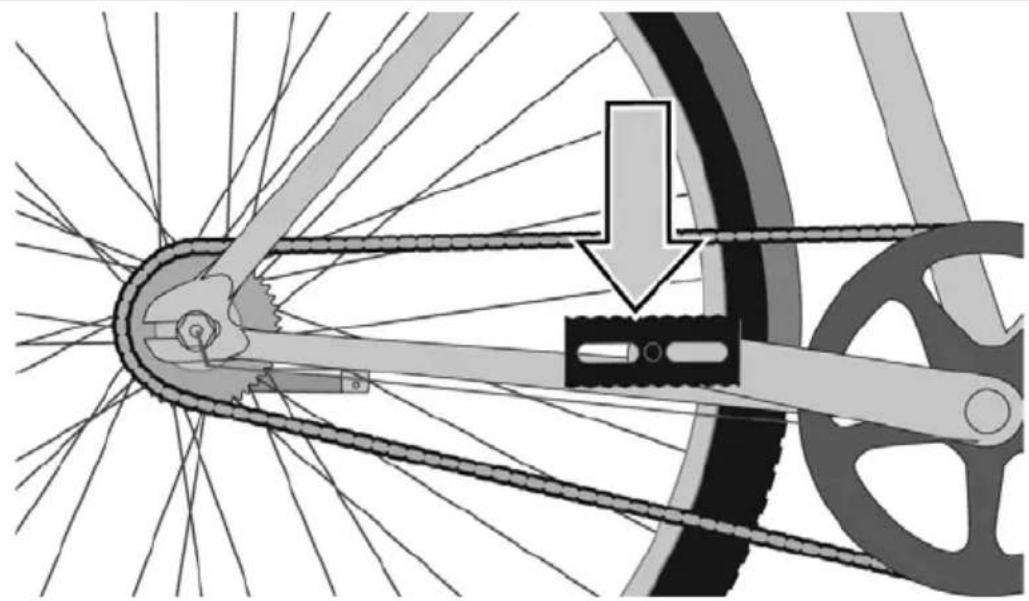 Mechanical diagram of a bicycle wheel and chain, showing gear structure and mechanical assembly (no text or symbols)