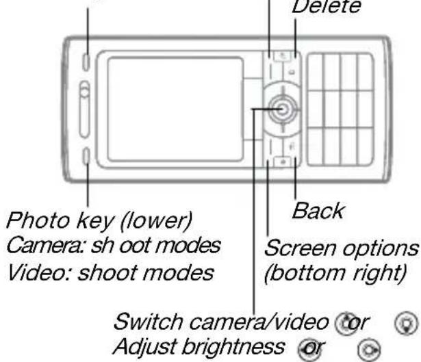 Delete Photo key (lower) Camera: sh oot modes Video: shoot modes Back Screen options (bottom right) Switch camera/video or Adjust brightness or