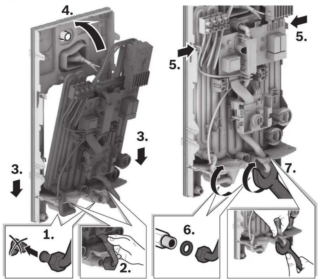 Technical diagram showing mechanical assembly steps with numbered annotations and component illustrations
