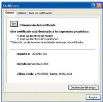 Certificado General Detalles Ruta de certificación Información del certificado Este certificado está destinado a los siguientes propósitos: • Todas las directivas de emisión • Todas las directivas de la selección * Más info, en declaración de entidades emisoras de certificados. Enviado a: AC DNEE 001 Emitido por AC RAIZ DNEE Válido desde 27/02/2006 hasta 26/02/2021 Declaración del enigor Aceptar