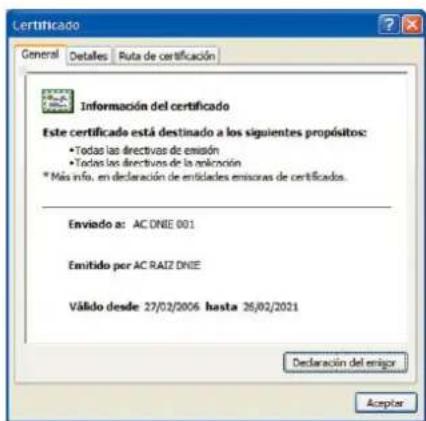 Certificado General Detales Ruta de certificación Información del certificado Este certificado está destinado a los siguientes propósitos: • Todas las directivas de emisión • Todas las directivas de la selección * Más info. en declaración de entidades emisoras de certificados. Enviado a: AC ONIE 001 Emitido por AC RAIZ ONIE Válido desde: 27/02/2006 hasta 26/02/2021 Declaración del enigor Aceptor
