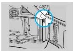 Technical line drawing of a mechanical assembly with a blue circular annotation highlighting a component (no text or symbols present)