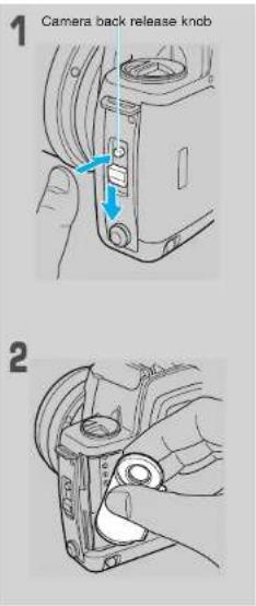 1. Camera back release knob. 2.