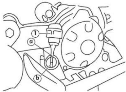 Technical diagram of a mechanical assembly with labeled parts a and b, showing components like gears and shafts.