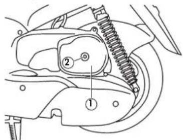 Technical diagram of a mechanical assembly with labeled parts ① and ②, showing components like springs and gears.