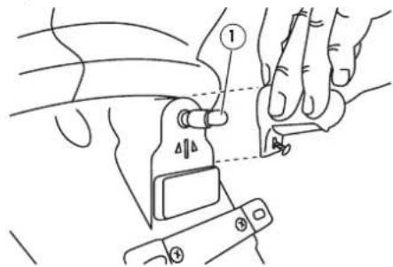 Technical diagram showing a hand operating a mechanical clamp or clip with labeled parts ① and ④, likely illustrating a manual or mechanical procedure.