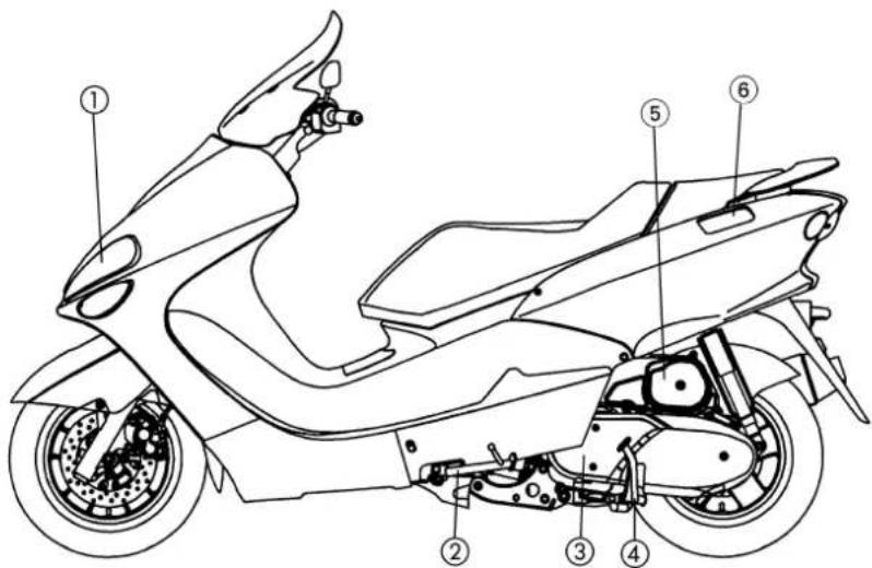 Technical diagram of a scooter with numbered parts for identification and assembly reference.