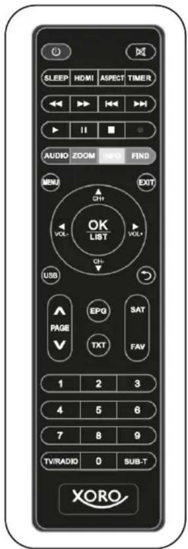 SLEEP HDMI ASPECT TIMER AUDIO ZOOM INFO FIND MENU EXIT CH+ VOL- VOL+ CH+ USB PAGE EPG SAT TXT FAV 1 2 3 4 5 6 7 8 9 TV/RADIO 0 SUB-T XORO