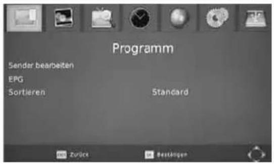 Programm Sender bearbeiten EPG Sortieren Standard Zurück Bestätungen