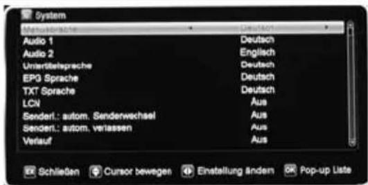 System MISIKINAN Audio 1 Audio 2 Urtarbeitsprache EPG Sprache TXT Sprache LCN Senderl.: autom. Senderwechsel Senderl.: autom. verlassen Verlauf Deutsch Englisch Deutsch Deutsch Aus Aus Aus Aus