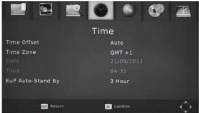Time Time Offset Auto Time Zone GMT +1 Date 21/09/2011 Time 04:35 EuP Auto-Stand By 3 Hour