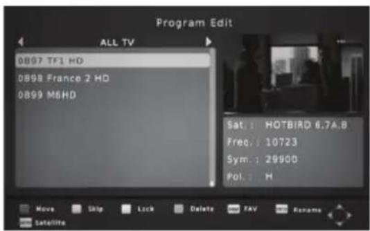 Program Edit ALL TV 0897 TF1 HD 0898 France 2 HD 0899 M6HD Sat: HOTBIRD 6.7A.B Freq.: 10723 Sym.: 29900 Pol.: H Move Skip Lock Delete FAV Rename Satellites