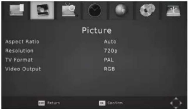Picture Aspect Ratio Auto Resolution 720p TV Format PAL Video Output RGB OK Return OK Confirm