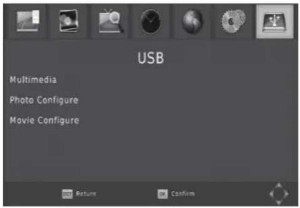 USB Multimedia Photo Configure Movie Configure Return Confirm