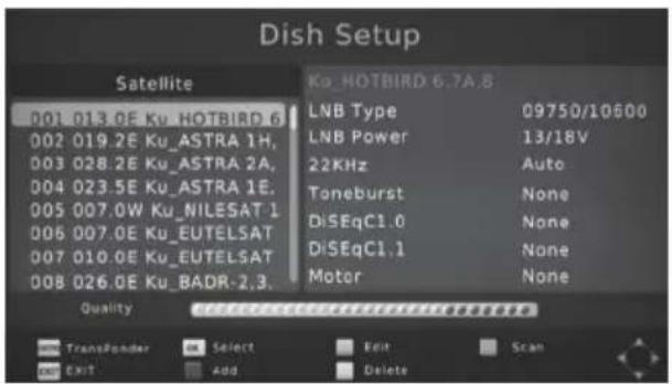 Dish Setup Satellite 001 018.0E Ku_HOTBIRD 6 002 019.2E Ku_ASTRA 1H, 003 028.2E Ku_ASTRA 2A, 004 023.5E Ku_ASTRA 1E, 005 007.0W Ku_NILESAT 1 006 007.0E Ku_EUTELSAT 007 010.0E Ku_EUTELSAT 008 026.0E Ku_BADR-2,3. Quality Ku_HOTBIRD 6.7A.8 LNB Type 09750/10600 LNB Power 13/18V 22KHz Auto Toneburst None DiSeqC1.0 None DiSeqC1.1 None Motor None