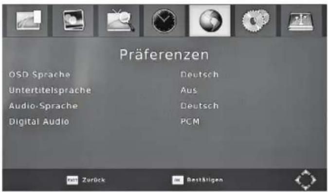 Präferenzen OSD Sprache Deutsch Untertitelsprache Aus Audio-Sprache Deutsch Digital Audio PCM zu Zurück a Bestätigen