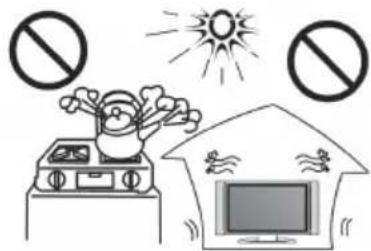 Illustration showing a person in a house with a TV, crossed out by prohibition signs and a sun, indicating no protection or absence of fire.