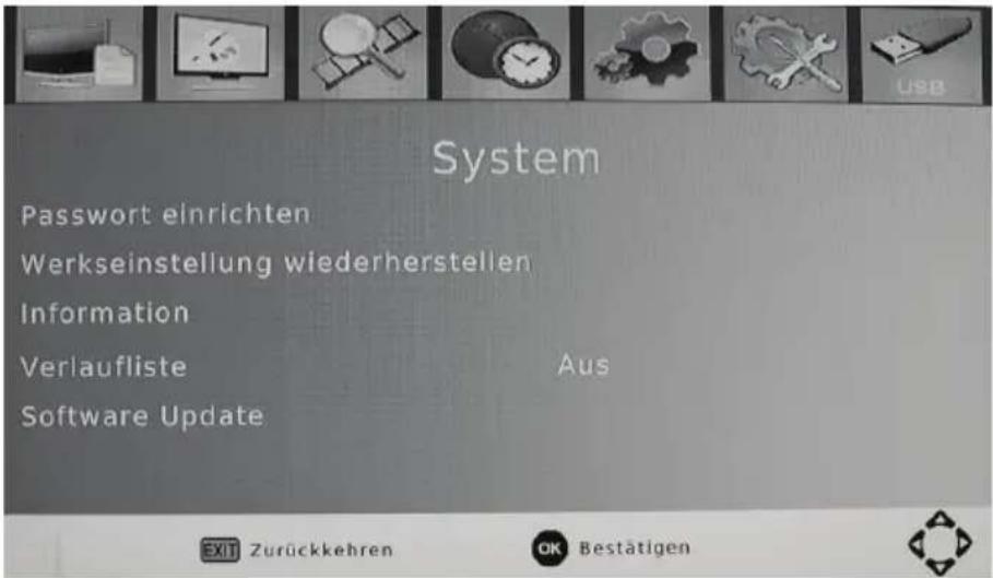System Password einrichten Werkseinstellung wiederherstellen Information Verlaufliste Aus Software Update EXIT Zurückkehren OK Bestätigen